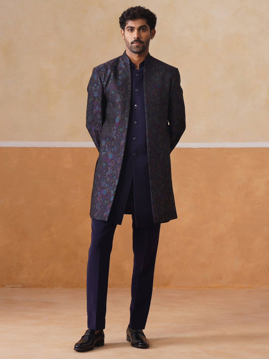 Blue Embroidered Mandarin Collar Achkan