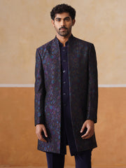 Blue Embroidered Mandarin Collar Achkan