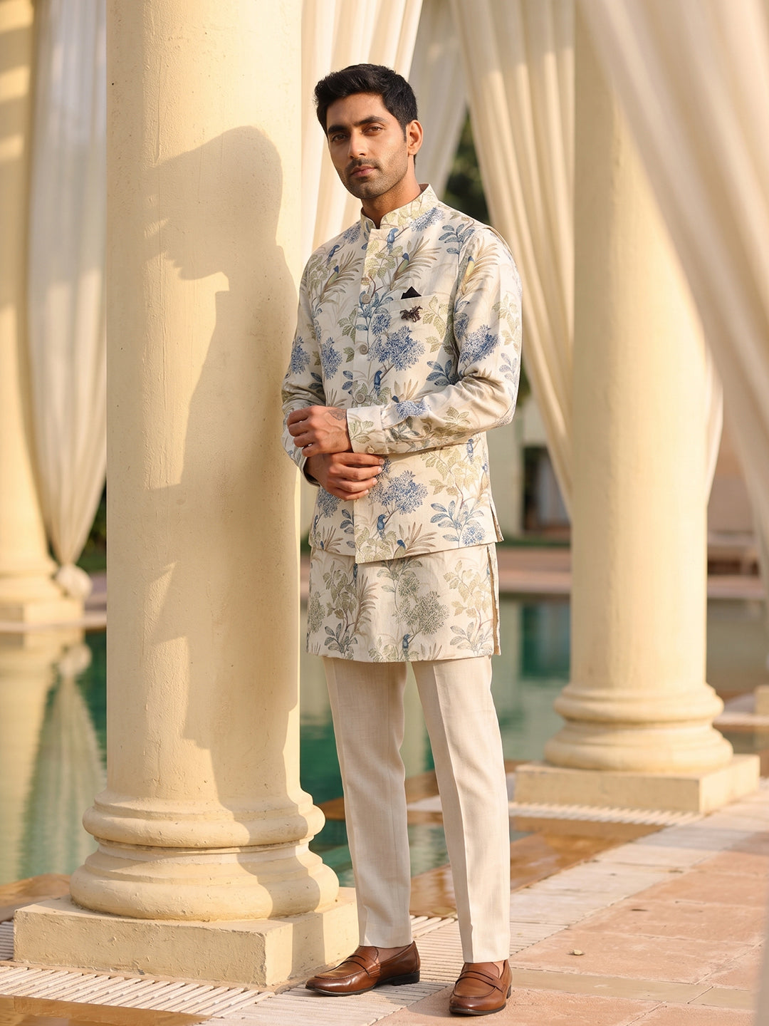 Beige/ Blue Floral Kurta with Nehru Jacket Set